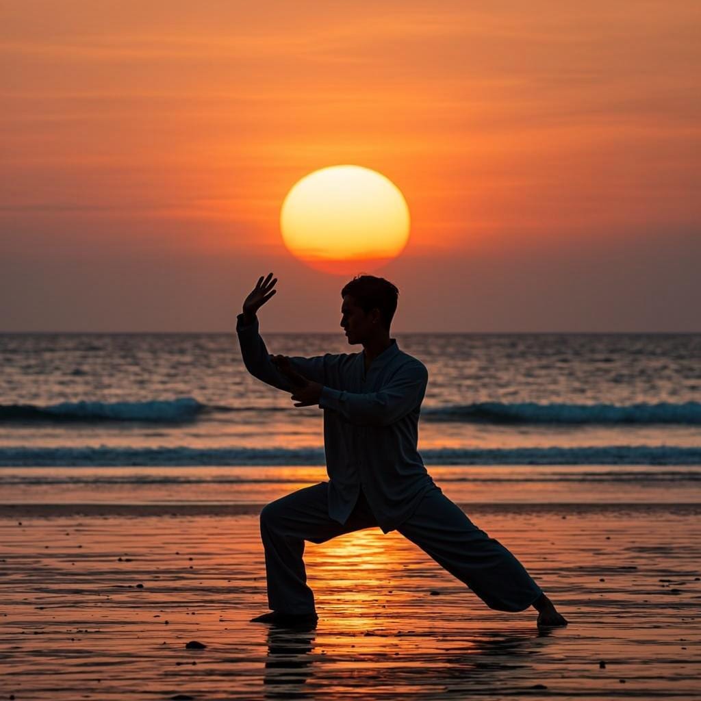 Prática de Tai Chi ao pôr do sol na praia